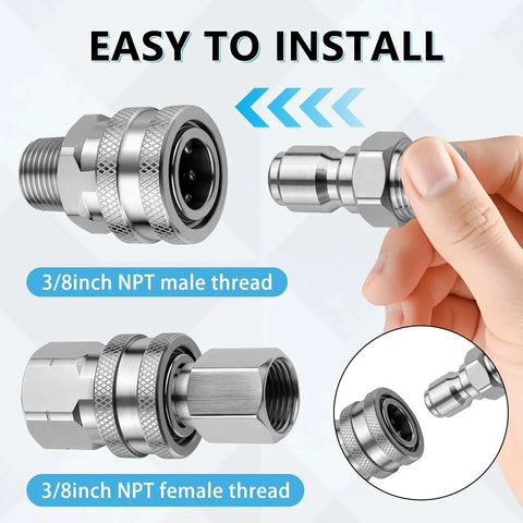 Image of a Three Eighths Inch Stainless Steel Quick Connect Kit For Pressure Washers with male and female NPT adapters.