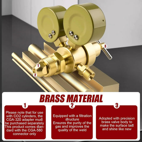 Dual Gauge Argon And CO2 Welding Gas Regulator with brass body, dual gauges, and filtration inlet for TIG and MIG, displayed on a gold stand.