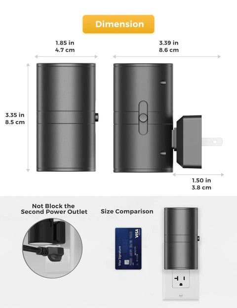 Dimensions and size comparison of Plug In Night Light 2 Pack Dusk To Dawn Sensor Dimmable 3000K Vintage Black