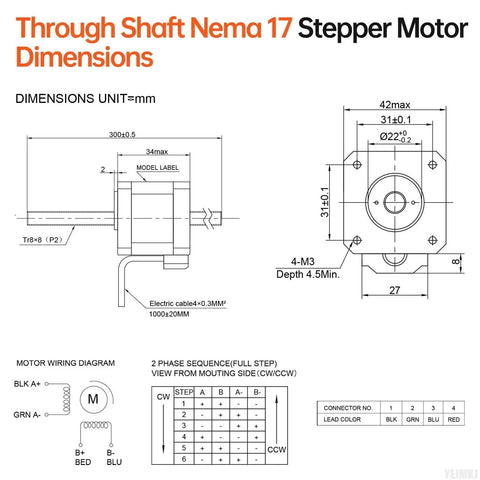 Technical diagram of Through Shaft Nema 17 Stepper Motor With TR8x8 300mm Lead Screw, showing dimensions and wiring.