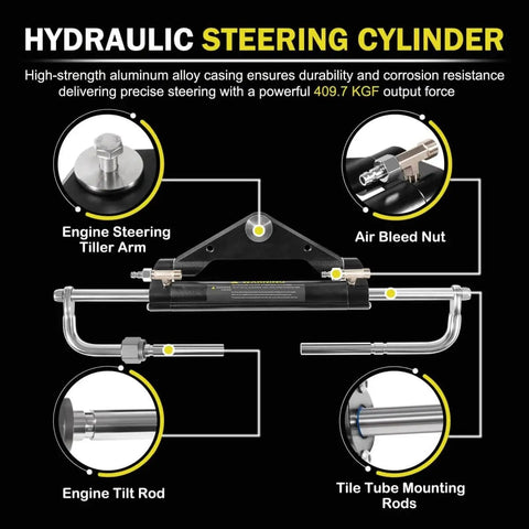 All In One 150HP Outboard Hydraulic Steering Kit With 13 Inch Plated Alloy Steering Wheel, 25 CC Helm Pump, Cylinder, And 26.8 Foot Cuttable Hoses For Yamaha, Honda, Suzuki, Mercury, Bay Boats, Pontoon - hydraulic steering cylinder components diagram with labeled parts