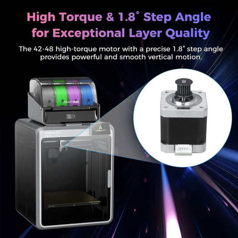 Creality K2 Pro Z-axis stepper motor close-up, 42-48, high-torque 1.8° angle.