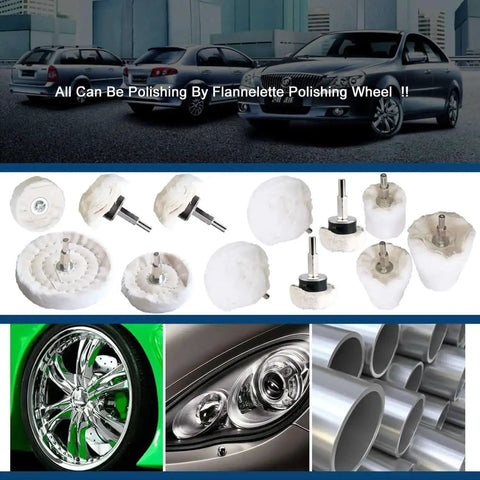 DIY Friendly Buffing Wheel Kit With White Flannelette Pads, 12 Pack For Drill Polishing Metal And Jewelry, shown with car parts and tools.