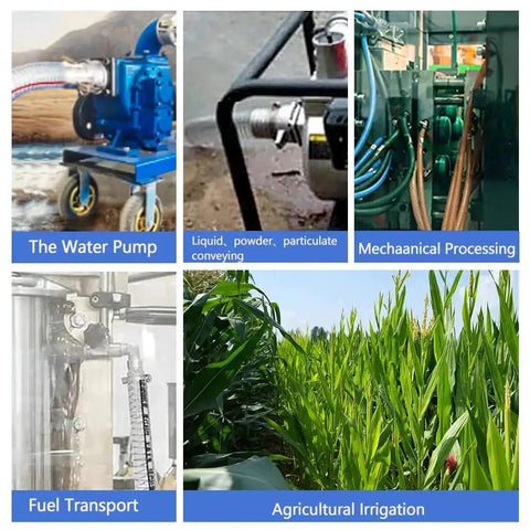 Various uses for Beefy Ten Foot Steel Wire Reinforced PVC Vacuum Hose With One And Quarter Inch Inner Diameter And One And Half Inch Outer Diameter, including water pump and irrigation.