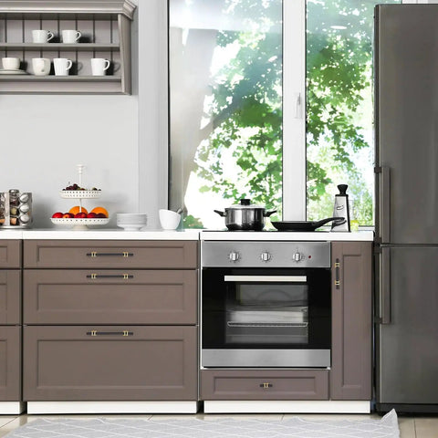 Kitchen with black and gold cabinet pulls 30 pack with 3 inch hole center square handles, zinc alloy base, stainless steel tube.