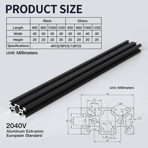 Four Pack 1000Mm 2040 V-Slot Aluminum Extrusion Profile Black Anodized for 3D printer frames and robotic projects with size diagram.