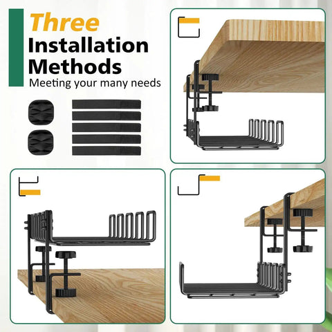 Three installation methods for under desk cable management tray, steel wire organizer with five cord dividers, no drill setup