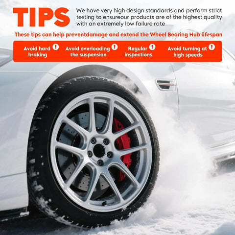 Car drifting in snow with maintenance tips for wheel bearing hubs shown on image