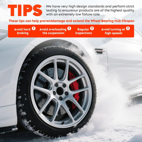 Car wheel on snowy road with tips for extending wheel bearing lifespan shown above.