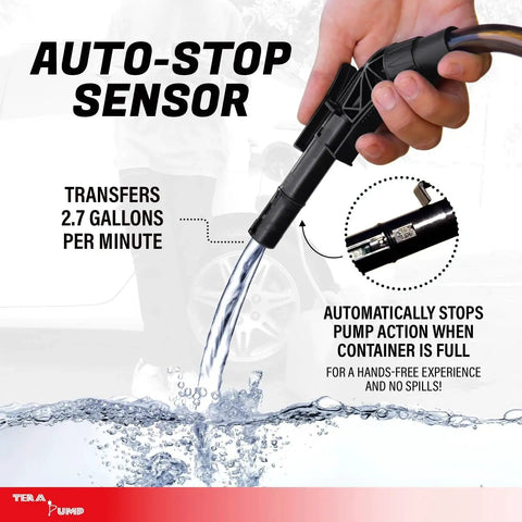5th Gen Fuel Transfer Pump With Overfill Protection 2.7 GPM Universal Gas Can Adapter in action, showing auto-stop feature.