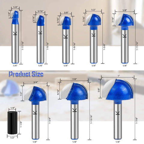 8 Piece Cove Box Round Nose Router Bit Set With 1 Quarter Inch Shank Carbide Tipped Core Box Router Bits sizes diagram