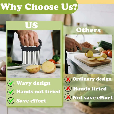 Comparison of Large Potato Crinkle Cutter FATUXZ Stainless Steel Waffle Fry Slicer against a regular knife with potatoes