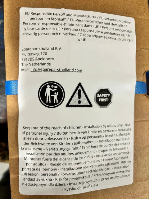 Safety warning label with multilingual instructions and contact information for Sparepartsholland B.V.