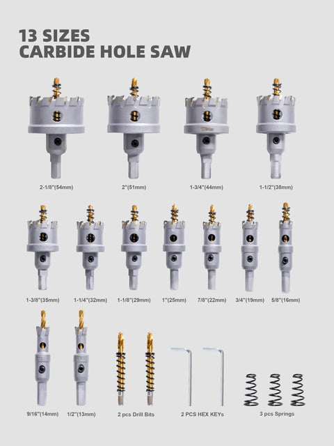 Carbide Hole Saw Kit With Case Pro Grade 13 Pcs TCT Hole Saw Set For Stainless Steel Iron Aluminum Plastic Includes Pilot Drill Bits Hex Keys And Springs Sizes From Half Inch To Two And One Eighth Inch.