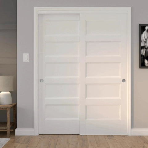 Installed Richelieu Hardware 14660BC 60 Inch Bypass Door Hardware Kit with zinc and brass finish on white panel doors