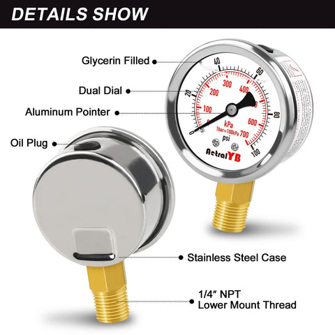 AetralYB 2-inch glycerin-filled pressure gauge with dual dial, stainless steel case, 1/4" NPT lower mount