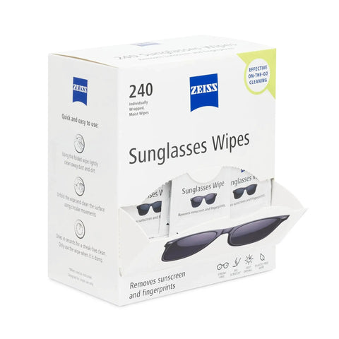 ZEISS Pre-Moistened Sunglasses Cleaning Wipes For Smudge Removal 240 Count box with wipes visible