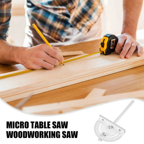 Person measuring wood with tape measure next to Premium Miter Angle Measuring Tool With Precision Inclinometer for woodworking.