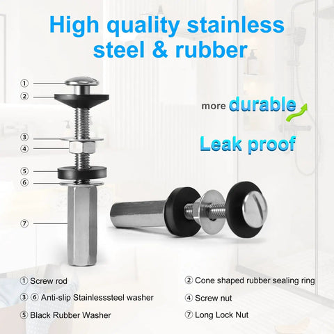 Heavy Duty Toilet Seat Bolts Kit 2Pcs Universal Fit Stainless Steel 304 With Extra Long Downlock Nuts Rubber Washers And Gaskets Replacement Screws For Toilet Seats And Tanks By CHIALLCO, showing detailed parts and features.