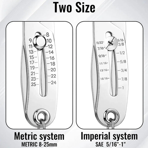 Portable Thread Size Checker Keychain With Dual Vernier Calipers for SAE and Metric measurements, close-up view.