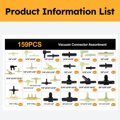 Automotive Vacuum Tubing Connector Kit With Nylon Fittings 159 Piece Assortment Includes Straight Tee Reducer Four Way And Five Way Connectors In One Eighth Inch Three Sixteenths Inch One Quarter Inch Five Sixteenths Inch And Three Eighths Inch Sizes For product information list with diagrams and measurements