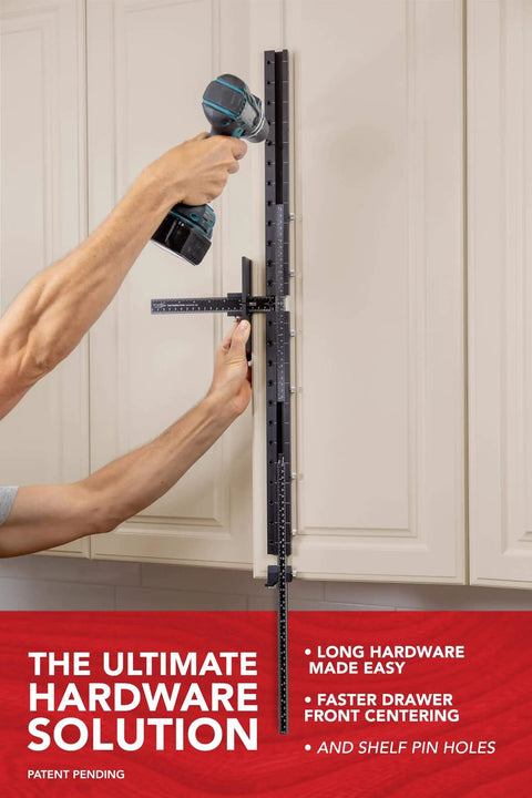 Installer using Cabinet Hardware Jig For Long Pulls And Shelf Pin Holes Install 32mm Holes On Shaker Doors, Made in USA