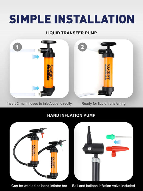 Manual Gasoline Transfer Siphon Pump With Shark Bite Connection showing simple installation and hand inflation features.