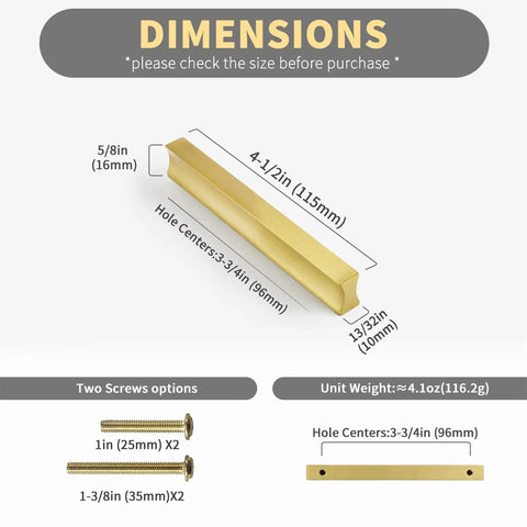Dimensions of 2 Pack Solid Brass Cabinet Handles In Brushed Gold Finish Modern Kitchen Hardware With Three And Three Quarters Inch Hole Center.
