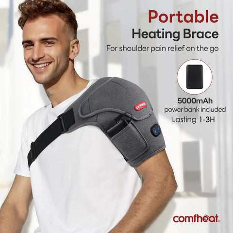 Person wearing Cordless Shoulder Heating Pad With Vibration Massage, 5000mAh Battery, on the go for shoulder pain relief