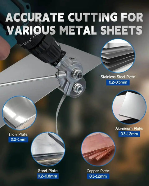 Electric Drill Plate Cutter Nibbler for Sheet Metal cutting various materials including iron, steel, aluminum, copper.