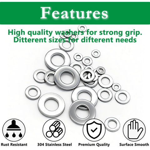 Aienxn flat washers set, 304 stainless steel, 550 pcs, 12 SAE sizes (1/2–3/16) for screws and bolts.