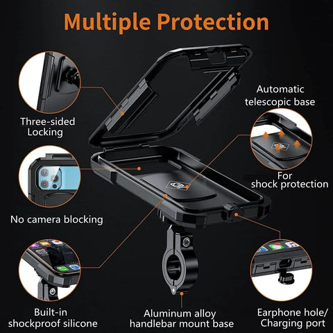 IP66 Waterproof Bike Phone Mount With Aluminum Alloy Handlebar Base displaying multiple protection features
