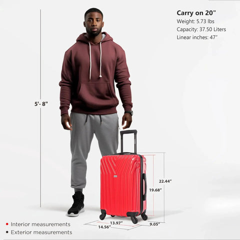 Man standing with Lightweight 20 Inch Carry On Hardside Luggage With Spinner Wheels Durable Micro Diamond Finish Red, background details