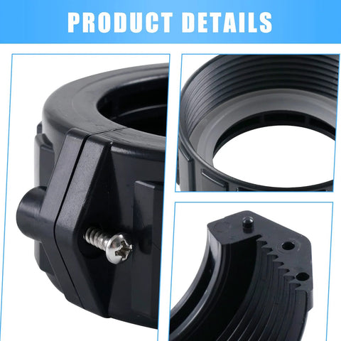 Black plastic 2-inch spa heater split nut union kit with screws and gasket, three components visible