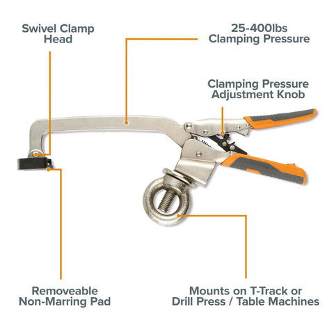 Auto Adjust 6 Inch Drill Press Clamp For Woodworking And Metalworking showing features, clamping pressure, and T-Track mount