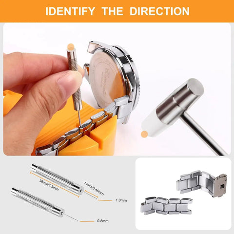 32 Piece Watch Link Removal Kit With Pro Band Replacement Tool For DIYers, 10 Spare Spring Bars And 10 Cotter Pins, Double Head Hammer, Plus 6 Extra Pins For Quick, Easy Watch Band Adjustments shown in use
