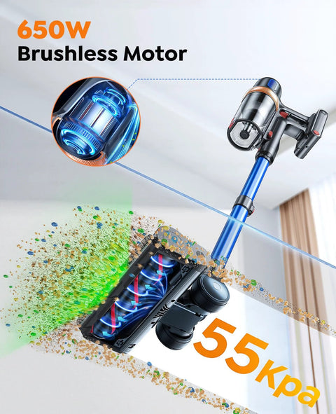 Amazon cordless vacuum cleaner, blue self-standing stick vac with 650W brushless motor and 55KPa suction