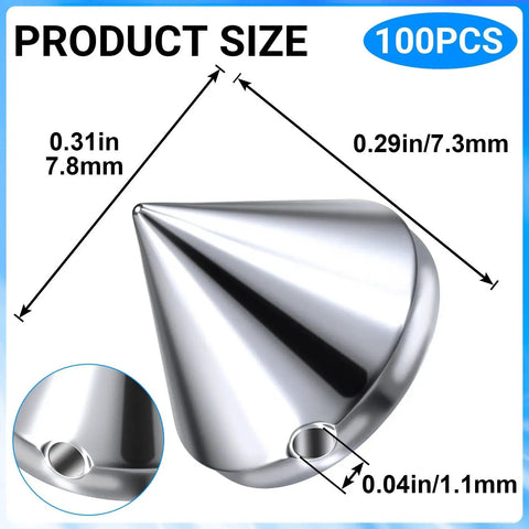 Close-up of 8 mm Bullet Cone Studs 100 Pcs Silver Punk Flatback Spikes illustrating dimensions for DIY leather projects.