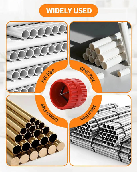 All In One Depth Gauge And Pipe Deburring Tool Kit For PVC CPVC PPR PERT Copper Brass Aluminum Tubing Chamfer And Reamer Tool With One Eighth To One And Five Eighths Inch Inner Outer Sizes Perfect For One Quarter Inch To One Inch Pipe DIY with PVC, CPVC, copper, and metal pipes shown.