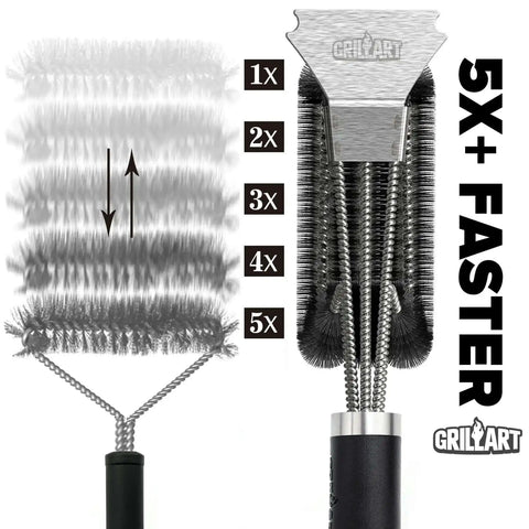 Grill Boss Heavy Duty 18 Inch Stainless Steel Grill Brush and Scraper with 3 in 1 bristles for 360 degree grime removal, side view