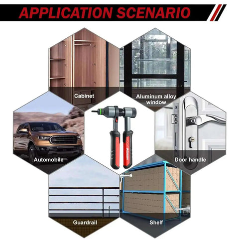 Pro Grade Rivet Nut Tool Kit With Nutsert Gun, application scenarios for auto body, cabinets, windows, doors, guardrails, and shelves.