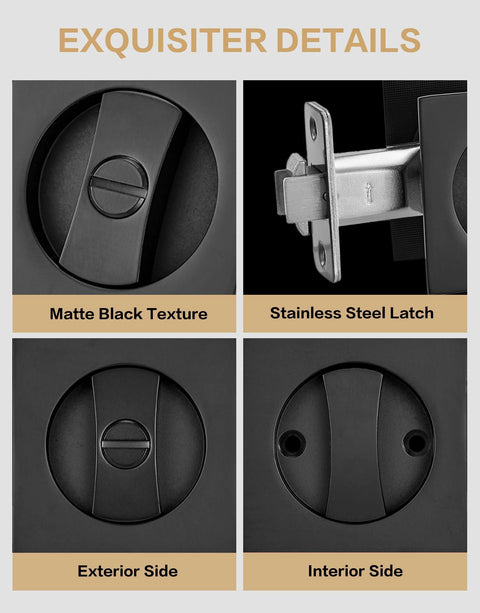 Matte Black Pocket Door Hardware Kit With Privacy Lock For Sliding Doors, close-up of square lock and latch features.