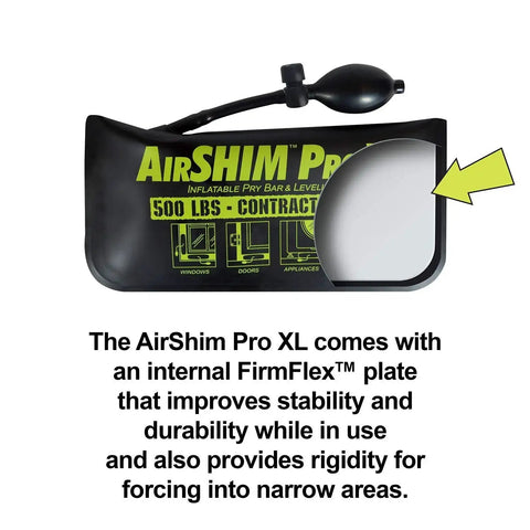 Air Shim Pro XL inflatable pry bar and leveling tool with hand pump in black carrying bag with 500 lb rating.