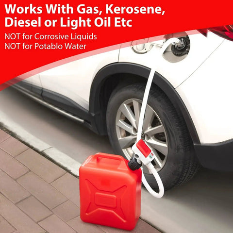 Automatic Fuel Transfer Pump With Auto Stop And 51 Inch Hose For Gas Oil Diesel in use with a white car and red fuel can.