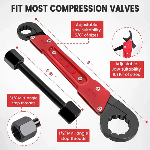 6 Piece Plumbing Tools Kit With Angle Stop Wrench Half Inch Compression Sleeve Puller Sandpaper And Storage Bag DIY Ready Pro Plumber Grade Wrench Set For Replacing Frozen Or Corroded Angle Stops, showcasing adjustable wrench with 5/8 to 15/16 jaw size and compression valve.