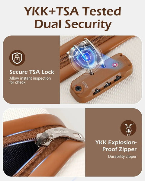 YKK and TSA locks on Rugged Hardside Luggage Set For Easy Travel Beige Brown 6 Piece Carry On with durable anti-scratch finish by LONG VACATION