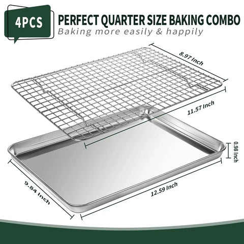 Quarter Sheet Pan With Cooling Rack Set Two Baking Sheets And Two Wire Racks Stainless Steel Rust Resistant Nonstick 12 x 9.8 x 1 Inch
