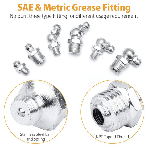 Grease fittings kit: 490-piece set with caps, SAE & Metric zerks, straight and 45°/90° angles, stainless steel