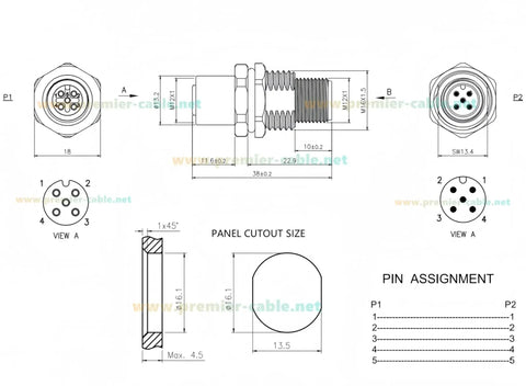Technical diagram of Pair Of M12 A Coded 5 Pin Male To Female Panel Mount Connector IP67 Shielded Bulkhead Feedthrough