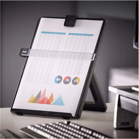 Letter Size Non Magnetic Copyholder with Removable Line Guide and Adjustable Easel Back on a desk with papers.